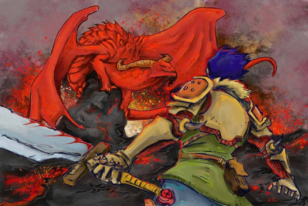 digital painting red dragon and knight